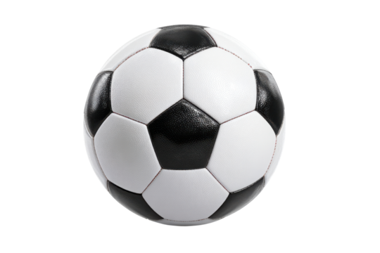 Classic black and white soccer ball with red stitching isolated on black football sport