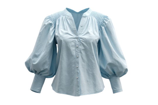 Light blue cotton blouse with smocked shoulders and voluminous balloon sleeves fabric