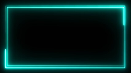 A neon rectangle frame icon features on black background. Glowing Neon light frame rectangle loading icon illustration.