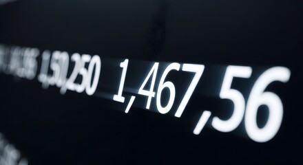 Macro shot of a digital stock market ticker board displaying fluctuating numbers, quotes, and financial data for business investment and economic analysis
