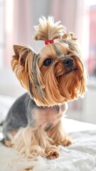 A small, fluffy dog with a meticulously styled topknot sits on a bed with a ruffled blanket, gazing upwards