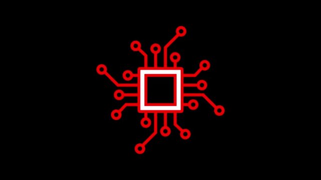 Microchip icon on black background, futuristic circuit board technology concept, digital processor, electronic data system, AI hardware and computer motherboard design illustration