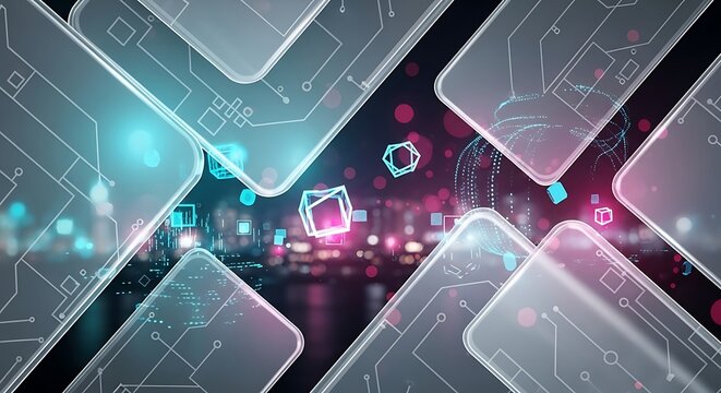 Abstract geometric design with neon lights and futuristic elements, creating a dynamic and modern visual experience with a touch of cyberpunk aesthetic