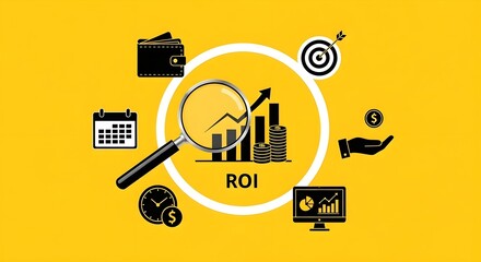 Return on investment roi concept illustrated with icons like wallet, calendar, clock, magnifying glass, and graph on a yellow background