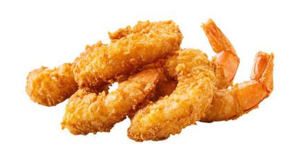 Crispy breaded fried shrimp with golden coating and crunchy texture showing delicious seafood snack, isolated on white background