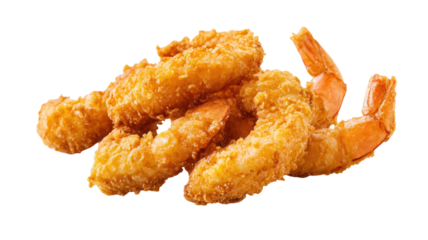 Crispy breaded fried shrimp with golden coating and crunchy texture showing delicious seafood snack, isolated on white background