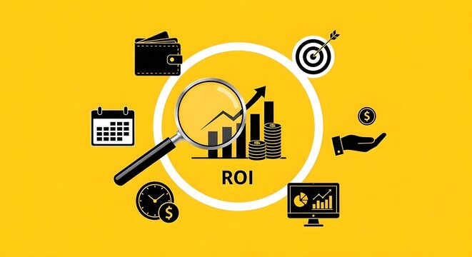 Return on investment roi concept illustrated with icons like wallet, calendar, clock, magnifying glass, and graph on a yellow background - Powered by Adobe