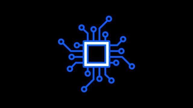 Microchip icon on black background, futuristic circuit board technology concept, digital processor, electronic data system, AI hardware and computer motherboard design illustration