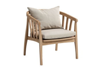 Light wood armchair with beige cushion and pillow on black background furniture wooden