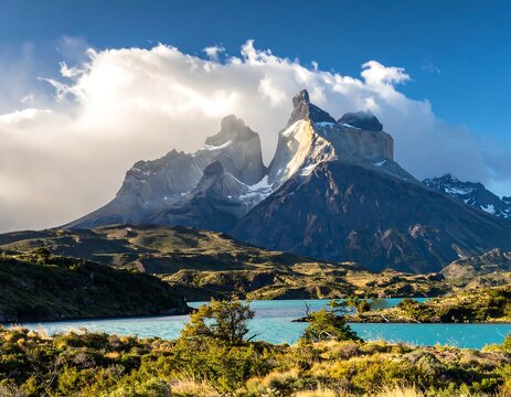 Stunning vista of jagged mountain peaks reflected in a turquoise lake under a cloudy sky. Golden sunlight bathes the scene