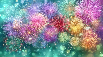 Fototapeta premium Vibrant New Year Celebration 2029 With Colorful Fireworks Bursting Over Emerald Green Night Sky