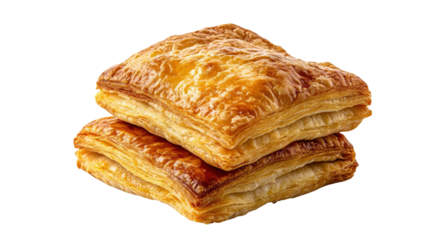 Golden puff pastry with flaky layers and crisp baked texture showing delicious buttery surface, isolated on white background