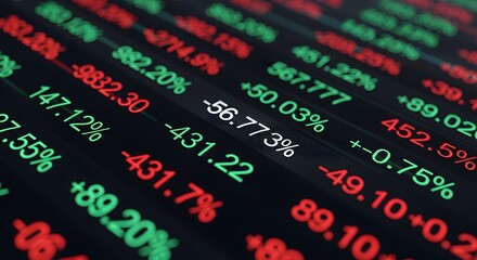 A close-up view of a digital stock market ticker board displaying fluctuating financial data with red and green numbers indicating market volatility