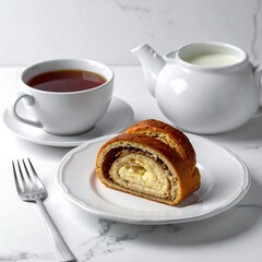 A still life of a dessert slice served on a plate with a teacup and a teapot with milk, set against a marble backdrop