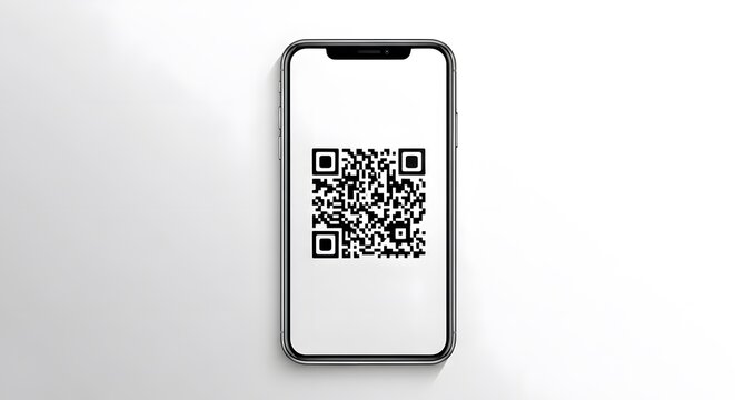 Modern smartphone displaying a qr code on its blank white screen against a clean white background
