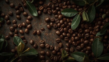 Roasted coffee beans scattered across a textured, brown surface with surrounding sprigs of green foliage, creating a natural and inviting still life, displaying a rich, warm color palette.