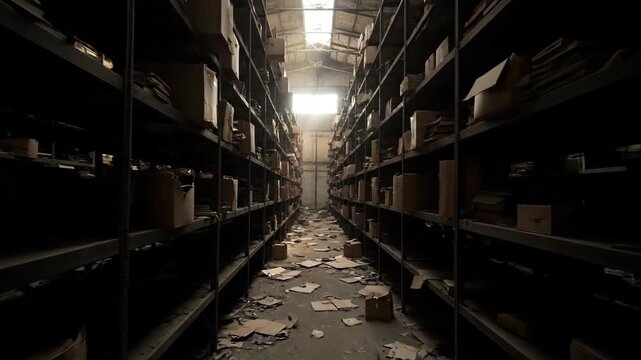 Warehouse interior shelves with cardboard boxes atmospheric lighting