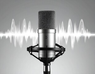 A studio microphone, centered and set against a gradient grey backdrop, with sound waves emanating from behind