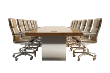 Executive conference room table with leather chairs and chrome bases meeting