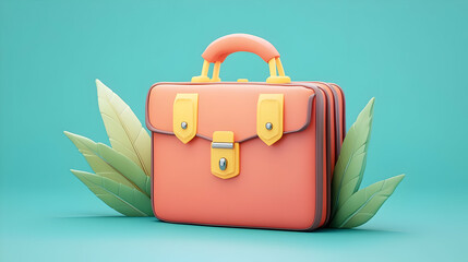 3D Render of a Coral Briefcase with Yellow Accents and Green Leaves on Teal Background