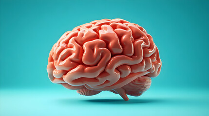 3D Render of a Coral Human Brain on a Turquoise Background