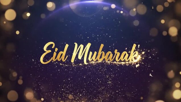 Golden Eid Mubarak Greeting with Bokeh and Sparkles on Dark Background