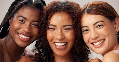 Portrait, women or skincare in studio with smile for diversity, connection or bonding together....