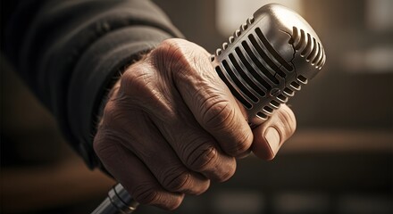 Capturing the essence of classic sound with a performer's grip on a retro vocal microphone, evoking timeless broadcast moments and powerful storytelling