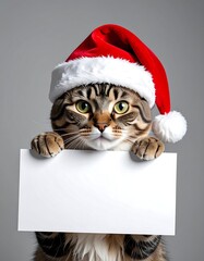 A tabby cat wearing a Santa hat holds a blank white sign, looking directly at the viewer with a neutral background