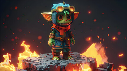 3D Render of a Fantasy Goblin in Fiery Background