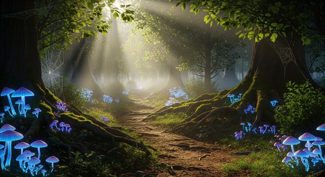 Sun-drenched magical forest path winding through ancient trees, illuminated by glowing bioluminescent mushrooms and mystical light filtering through the misty canopy