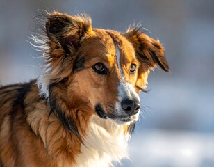 Fototapeta premium A close-up shot of a dog, with brown and white fur, looking off to the side, set against a blurred snowy backdrop