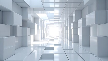 A symmetrical, bright white hallway with geometric block formations lines a pathway towards an illuminated opening