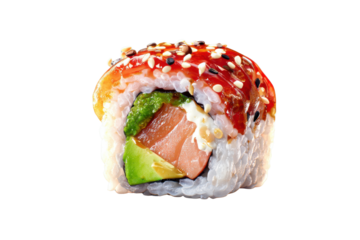 Sushi roll with salmon avocado and eel sauce topped with sesame seeds image