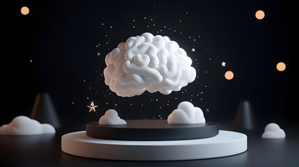 3D Render of a Glowing White Brain on a Dark Platform