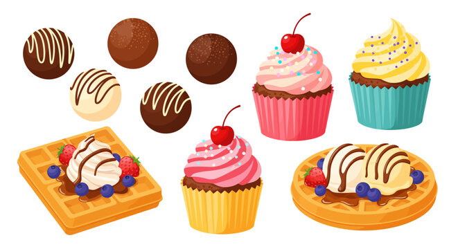 Assortment of desserts including cupcakes, waffles, and chocolate truffles.