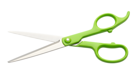 Bright green scissors open isolated on transparent background