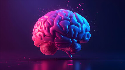 3D Render of a Human Brain with Neon Pink and Blue Lighting