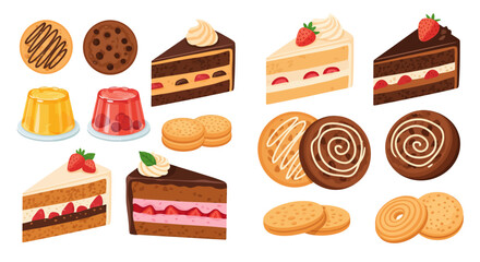 A vibrant collection of delicious desserts including cakes, cookies, and jellies, artfully arranged for a delightful visual feast.