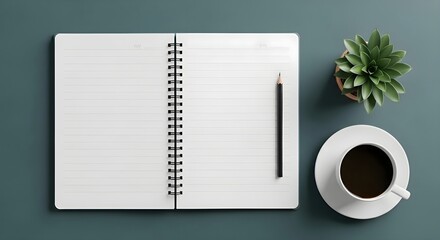 A minimalist desktop setup featuring an open notebook, pencil, and coffee, complemented by a succulent, ideal for brainstorming, planning, and focused work sessions