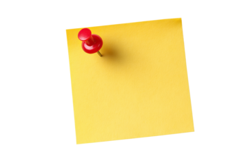 Yellow square sticky note with red pushpin on black background paper