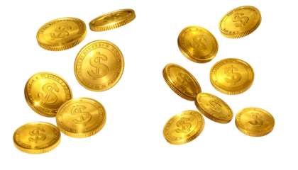 Pair of Flying Gold Dollar Coin Variations isolated on transparent background