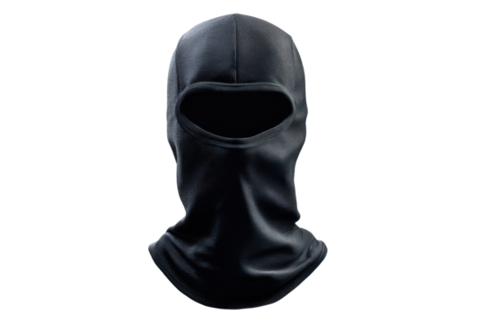 Black balaclava face mask with textured fabric and eye opening on black background image