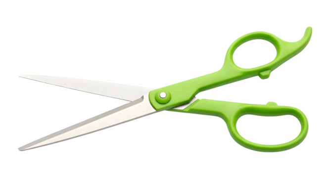 Bright green scissors open isolated on transparent background