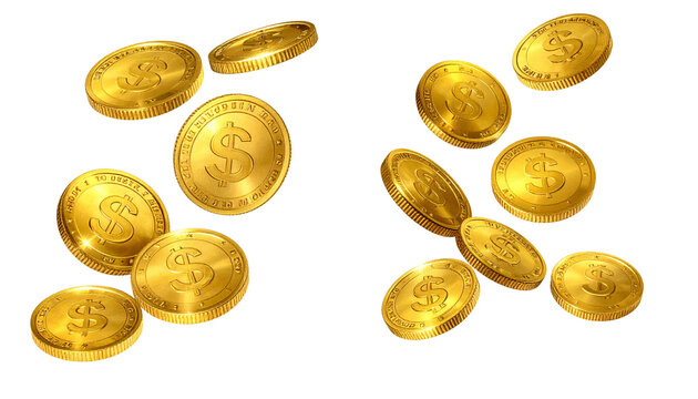 Pair of Flying Gold Dollar Coin Variations isolated on transparent background