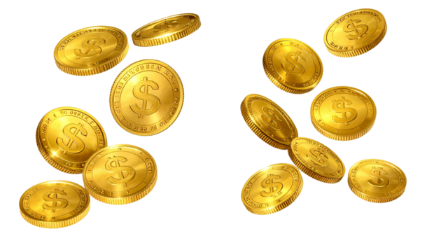 Pair of Flying Gold Dollar Coin Variations isolated on transparent background - Powered by Adobe