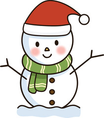 Cartoon of a snowman wearing a Santa hat and scarf on the snow.