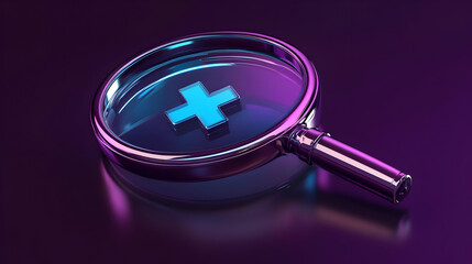 3D Render of a Magnifying Glass with a Glowing Blue Plus Sign on a Dark Purple Background