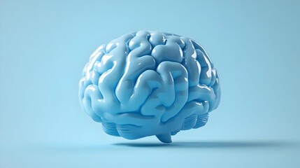 3D Render of a Light Blue Human Brain on a Pastel Blue Background