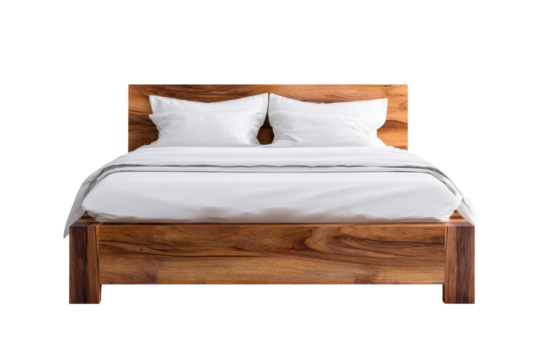 Wooden bed frame with crisp white linens and pillows isolated on black furniture bedroom